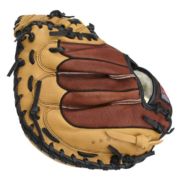 Top-down view of a tan and brown catchers mitt with black lacing and three stars.
