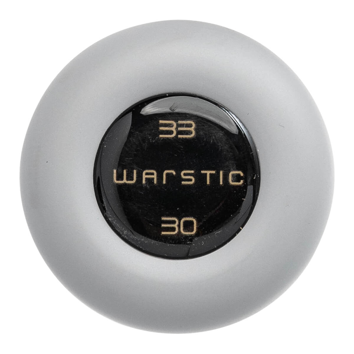 Top-down view of a matte grey baseball bat end cap with a black center featuring the brand name WARSTIC and numbers 33 and 30 in gold lettering.