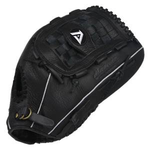 Side view of a black baseball glove with white stitching and an Akadema logo.