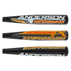Top-down view of three black baseball bats with ANDERSON and WIDOWMAKER branding in orange and white.