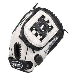 Front view of a white and black baseball glove with a checkered pattern and Louisville text.