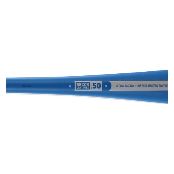 Close-up of a blue baseball bat with BBCOR CERTIFIED .50 and OFFICIAL BASEBALL - ONE-PIECE AEROSPACE ALLOY DE text.