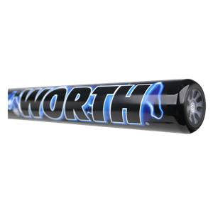 Side view of a black softball bat with blue lightning graphics and WORTH text.