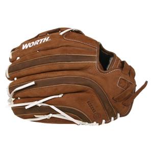 Side view of a brown baseball glove with white lacing and WORTH branding.