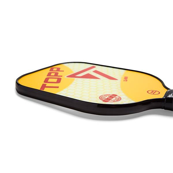 Side view of a yellow pickleball paddle with red TOPP text and a honeycomb pattern.
