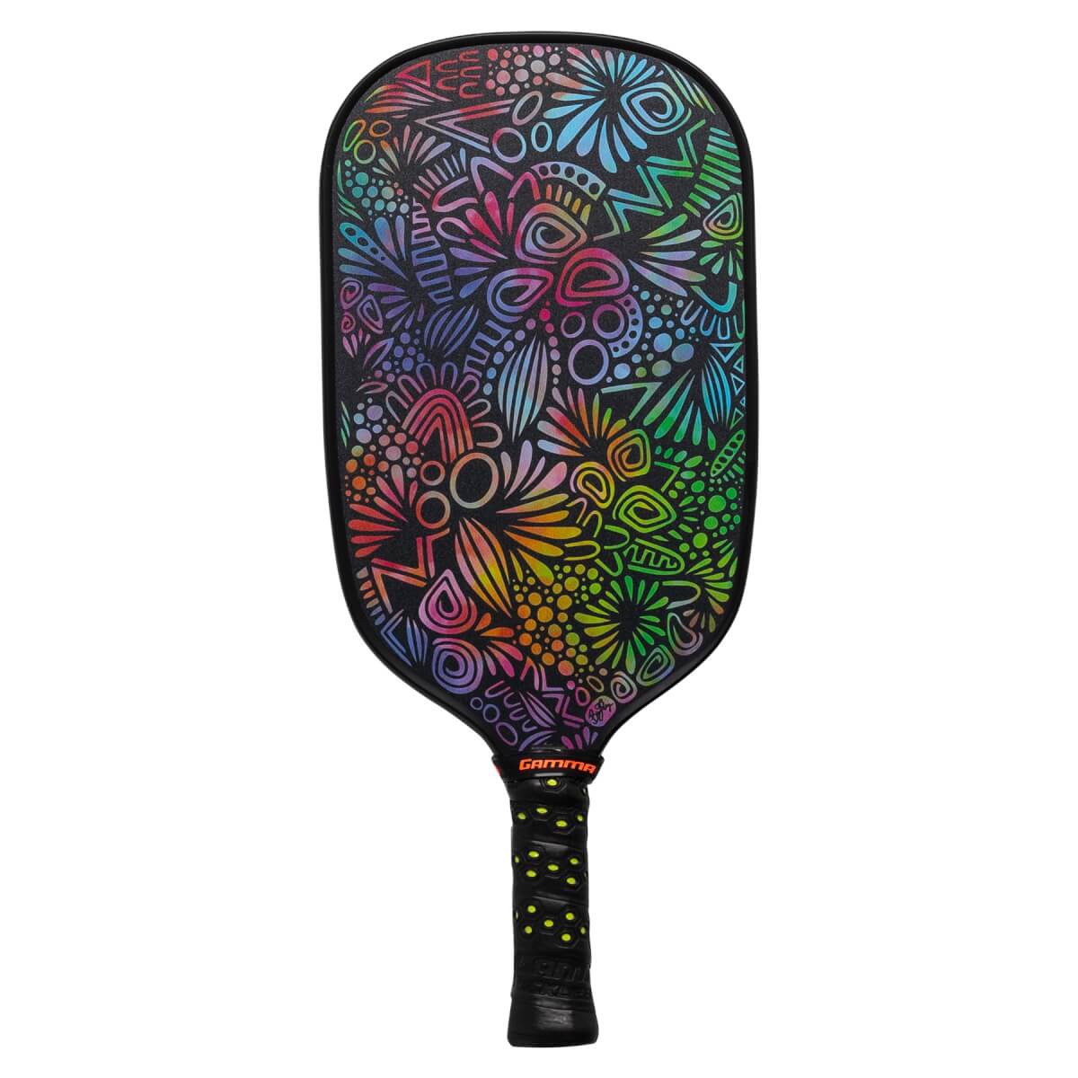 Front view of a black pickleball paddle with a colorful abstract floral design and GAMMA branding.