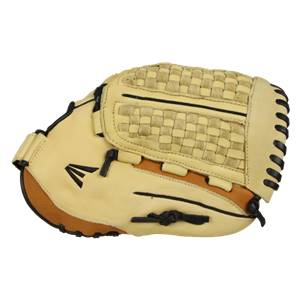 Top-down view of a tan fastpitch glove with a woven palm and black Easton logo.