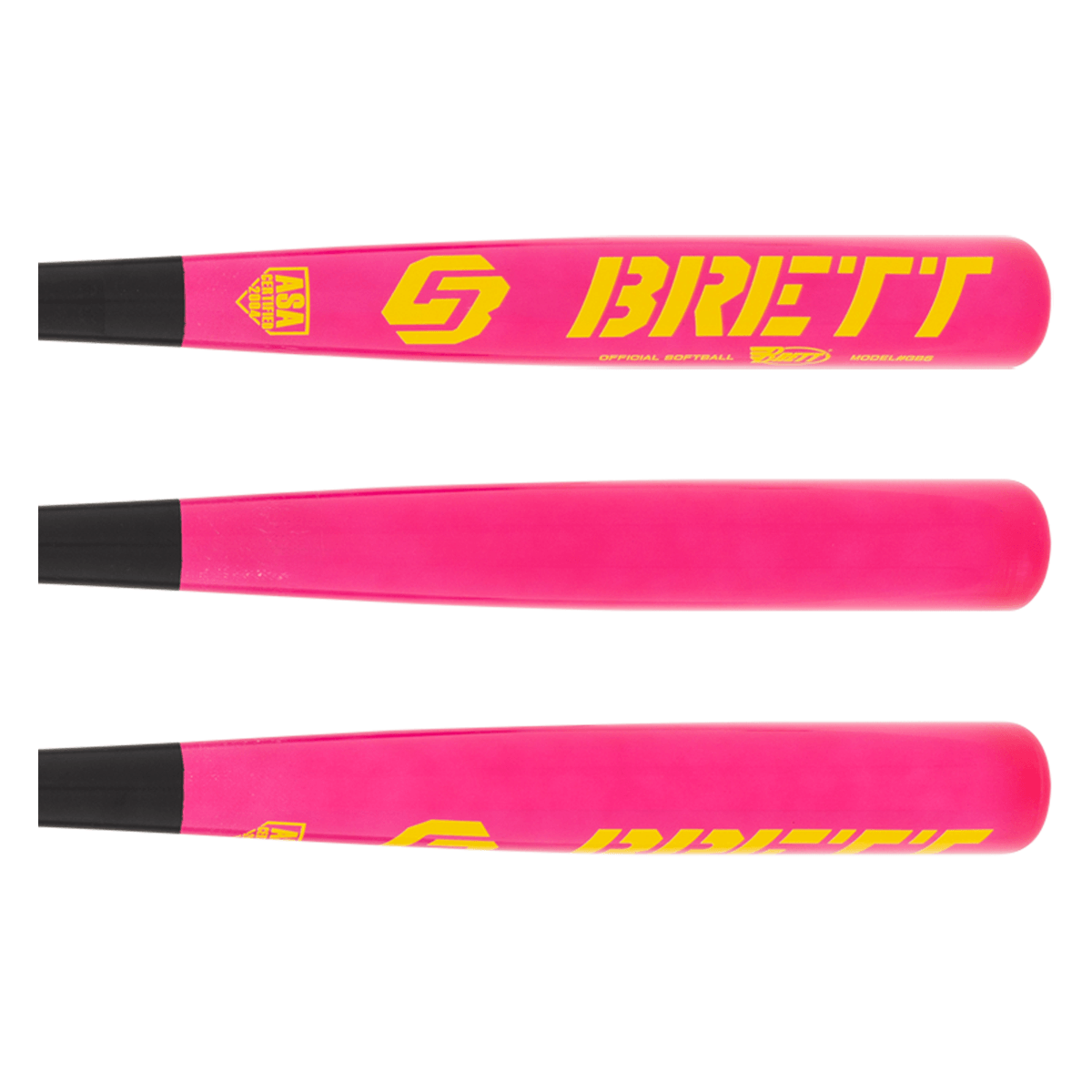 Front view of a pink softball bat with yellow text and logo reading "BRETT" and "ASA CERTIFIED".