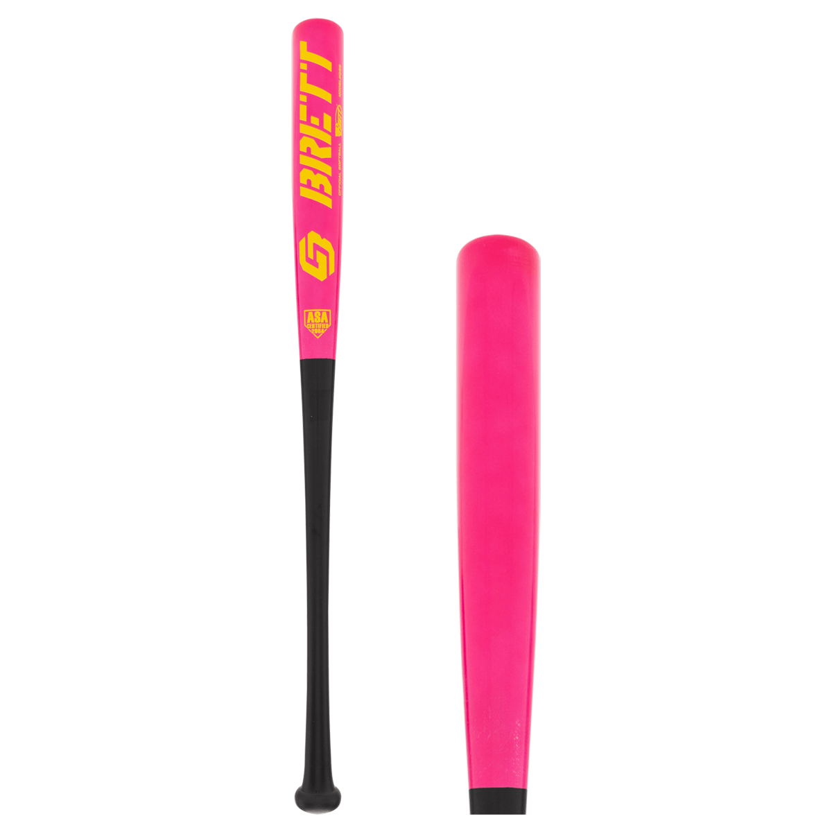 Side view of a pink and black baseball bat with "J.BRETT" in yellow lettering.
