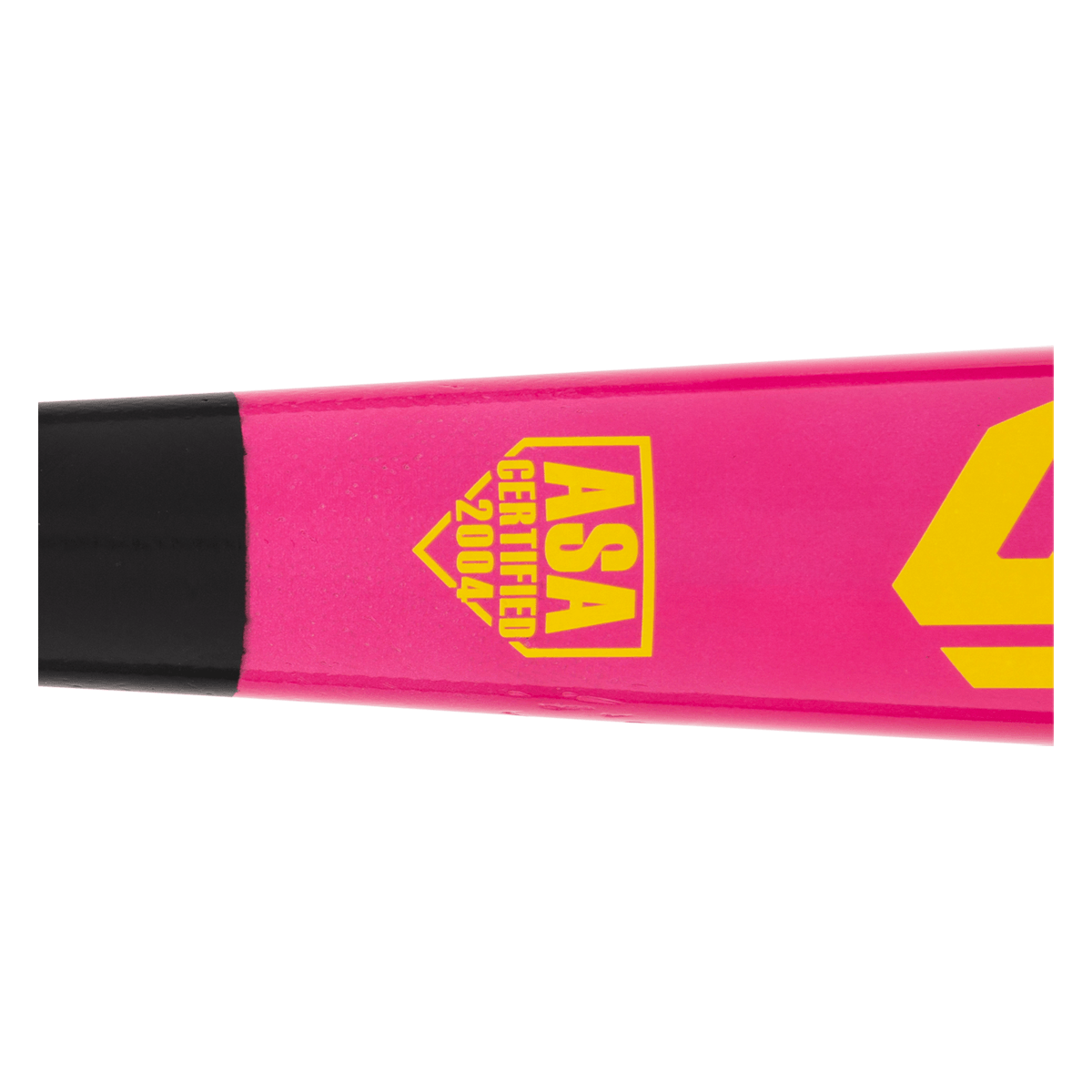 Close-up of a pink baseball bat featuring yellow "ASA CERTIFIED 2004" text.