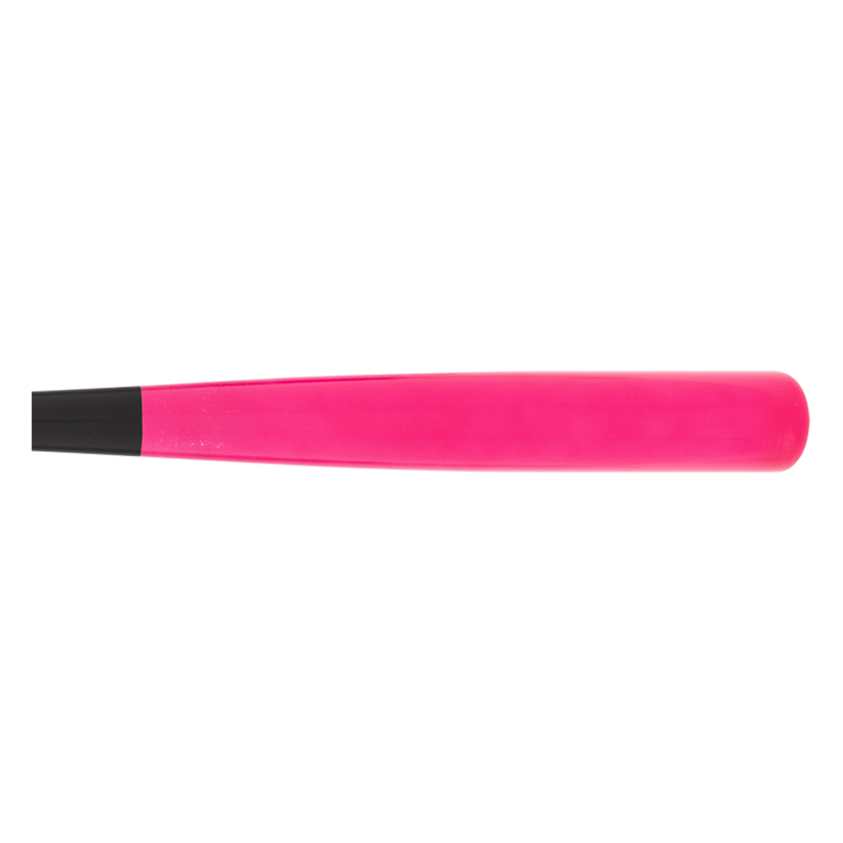 Side view of a bright pink baseball bat with a black handle.