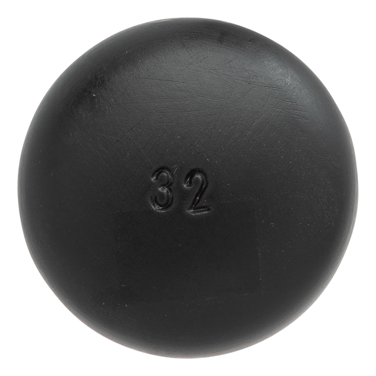 Front view of a black, spherical weight with the number 32 embossed.