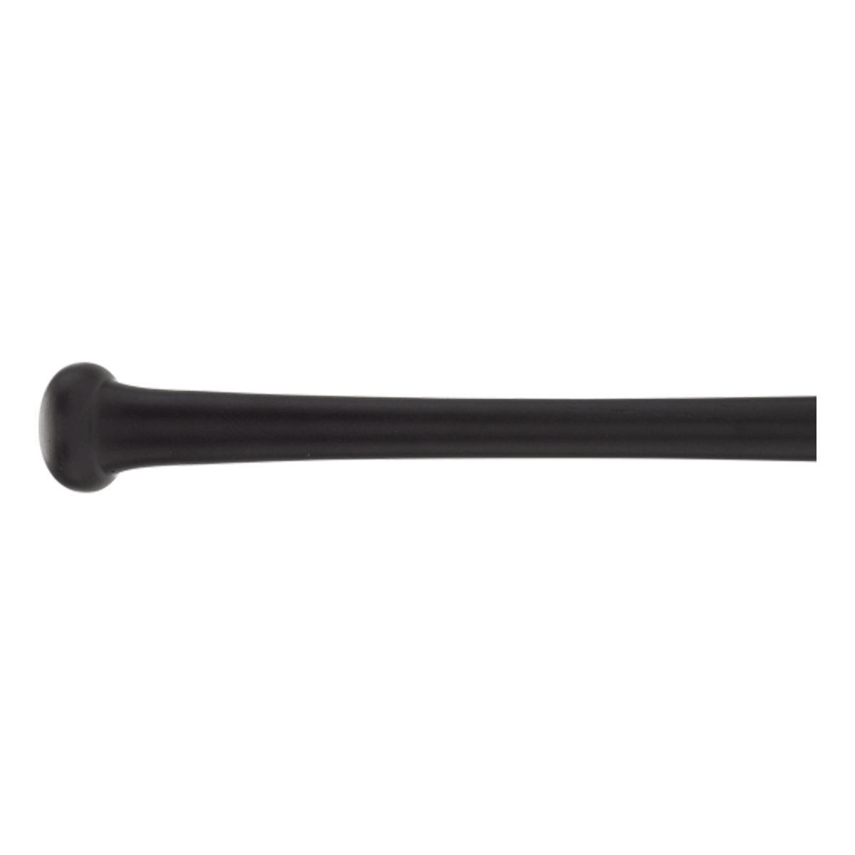 Side view of a black baseball bat with a rounded knob and smooth barrel.