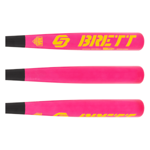 Front view of a pink softball bat with yellow text and logo reading "BRETT" and "ASA CERTIFIED".
