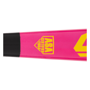 Close-up of a pink baseball bat featuring yellow "ASA CERTIFIED 2004" text.