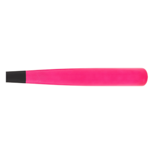 Side view of a bright pink baseball bat with a black handle.