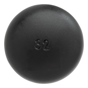 Front view of a black, spherical weight with the number 32 embossed.