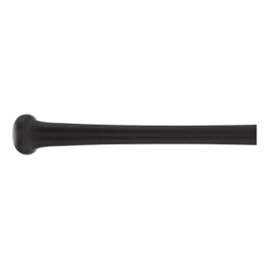 Side view of a black baseball bat with a rounded knob and smooth barrel.