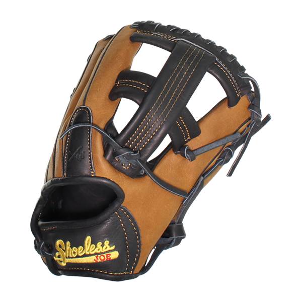 Side view of a tan and black baseball glove with Shoeless Joe branding and detailed stitching.
