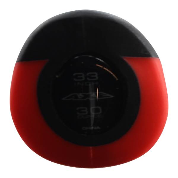 End cap view of a red and black baseball bat with 33 INCH and 30 OUNCE markings.