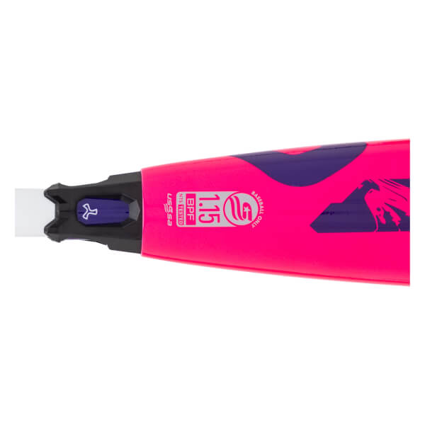 Close-up of a pink baseball bat end cap with purple graphics, USSSA and 1.15 BPF markings.