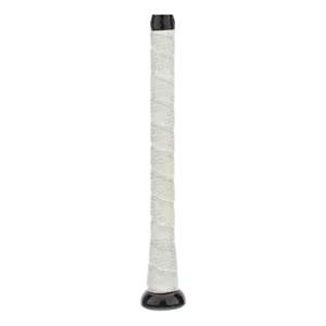 Close-up of a white baseball bat grip with a black end cap and textured pattern.