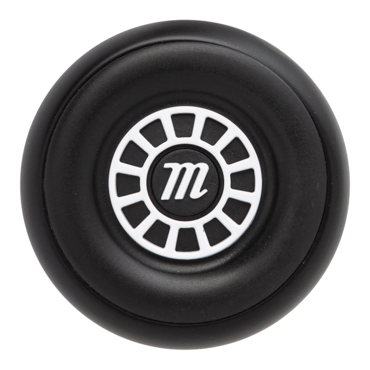 End view of a black baseball bat with a white circular logo featuring a lowercase m.