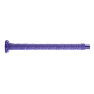 Side view of a purple softball bat with a textured grip and a flared knob.