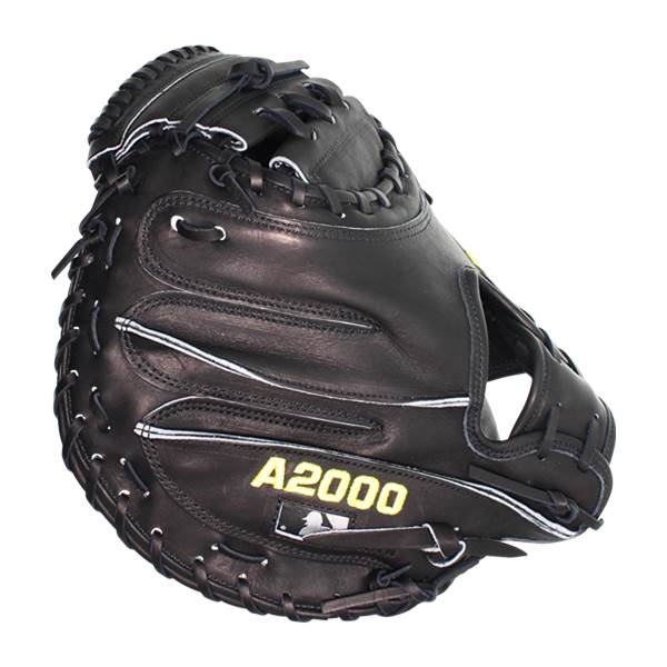 Front view of a black baseball catchers mitt with A2000 branding and white stitching.