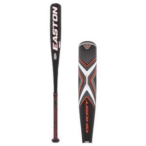 Side view of a black baseball bat with orange and white accents and EASTON branding.