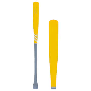 Side view of a yellow and grey baseball bat with an M logo, white stripes, and a separate cropped yellow barrel.