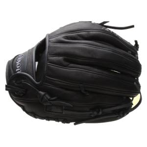 Side view of a black baseball glove with Wilson embossed on the wrist strap and detailed lacing.