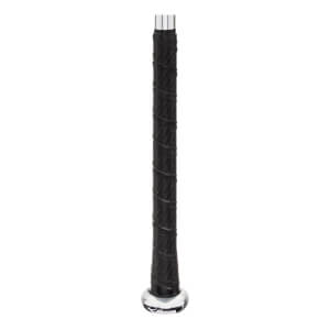 Close-up of a black baseball bat grip with a silver end cap and Mizuno logo.