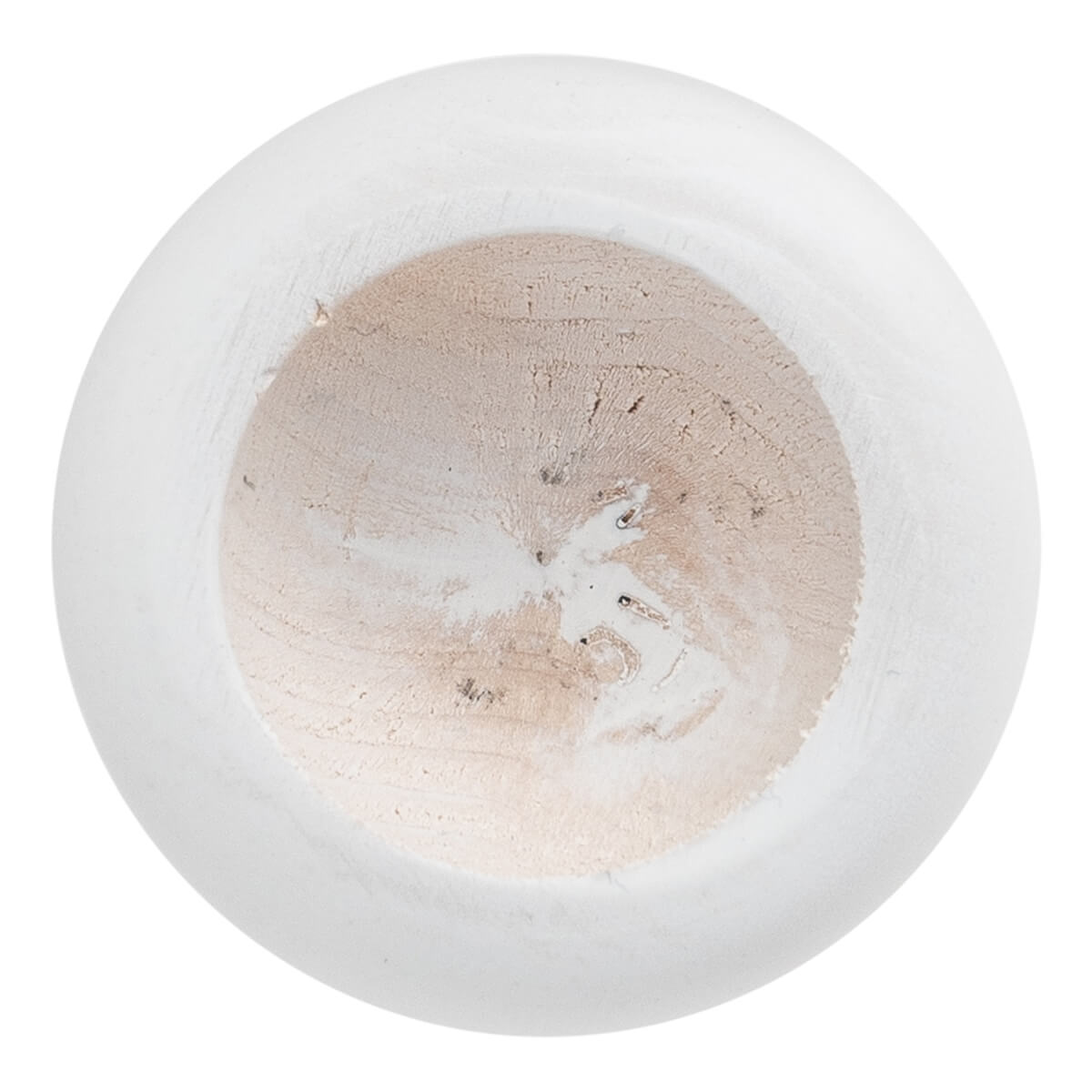Top-down view of a white baseball bat with a hollowed barrel end revealing textured natural wood inside.