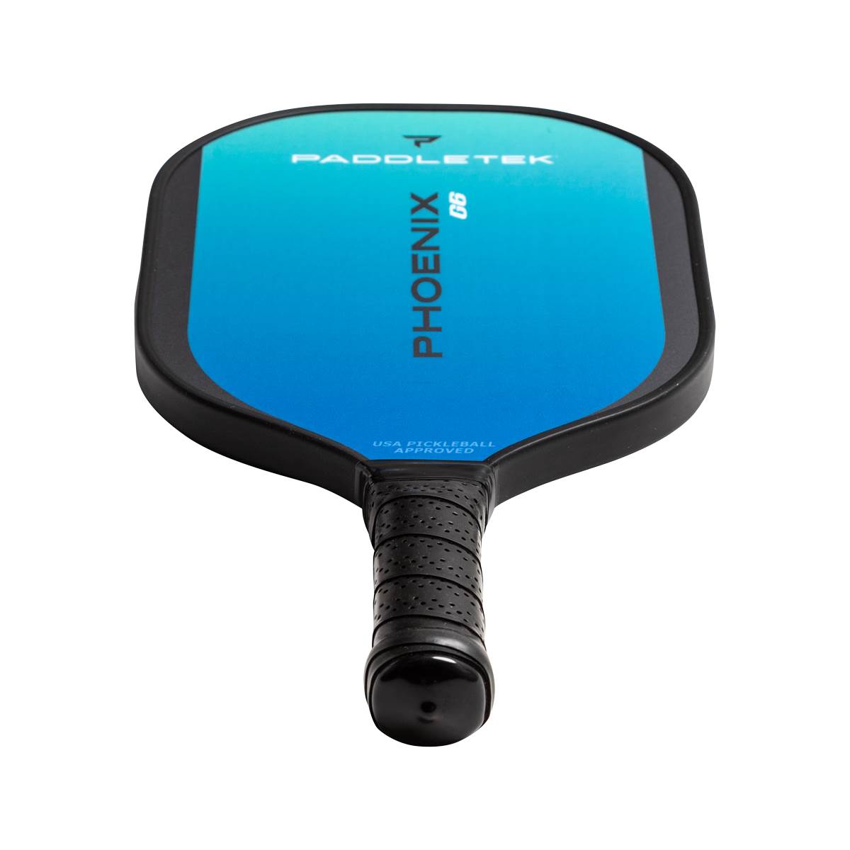 Top-down view of a blue pickleball paddle with PADDLETEK and PHOENIX G6 text and a black grip.