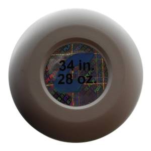 End cap view of a gray softball bat with 34 in. 28 oz. and FOR PLAYERS text.