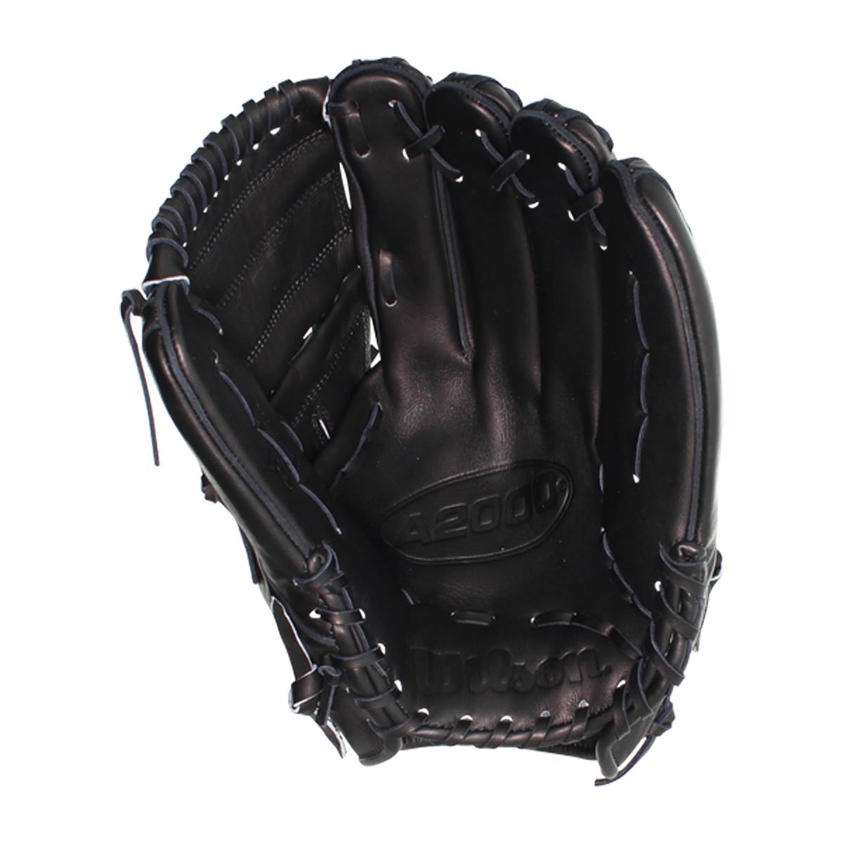 Top-down view of a black baseball glove with A2000 and Wilson branding.