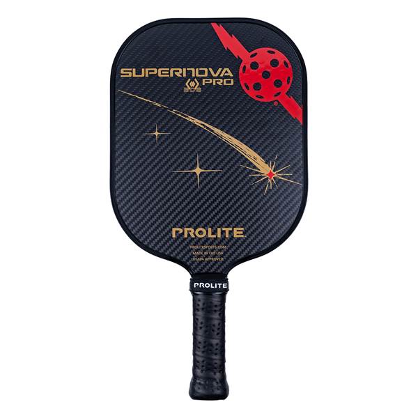 Front view of a black pickleball paddle with SUPERNOVA PRO text, a comet design, and PROLITE branding.