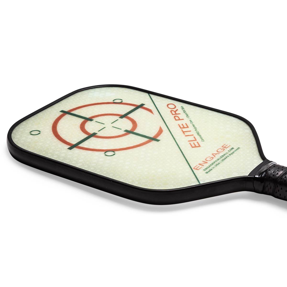 Top-down view of a white pickleball paddle with a red target and ELITE PRO text.