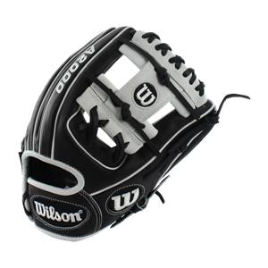 Front view of a black and white Wilson A2000 baseball glove with A2000 text and a W logo.