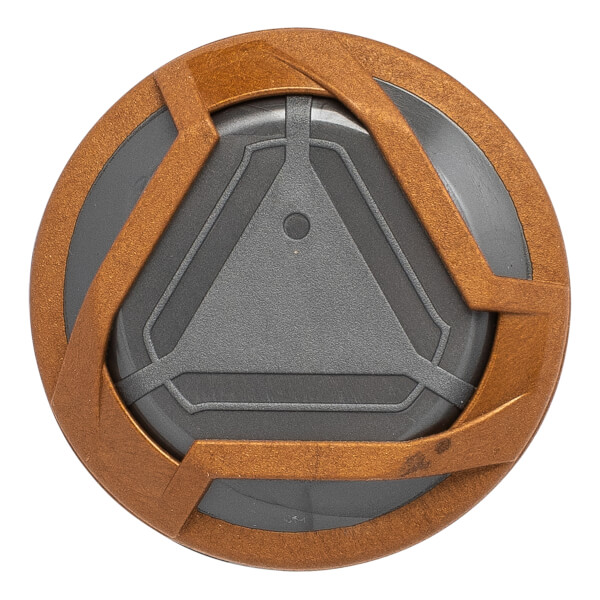 Top-down view of a bronze and gray fastpitch softball bat end cap with a textured bronze outer ring and a raised gray triangular design.