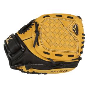 Top-down view of a tan and black youth baseball glove with a diamond-stitched pocket and MAX FLEX text.