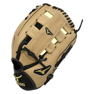 Top-down view of a tan baseball glove with black lacing and gold Mizuno logos.