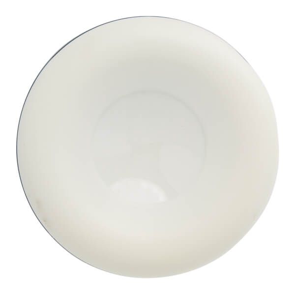 End view of a white fastpitch softball bat end cap with a circular shape and a slightly concave center.
