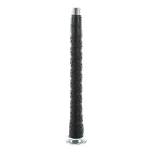 Close-up of a black baseball bat grip with a textured pattern and silver end cap.