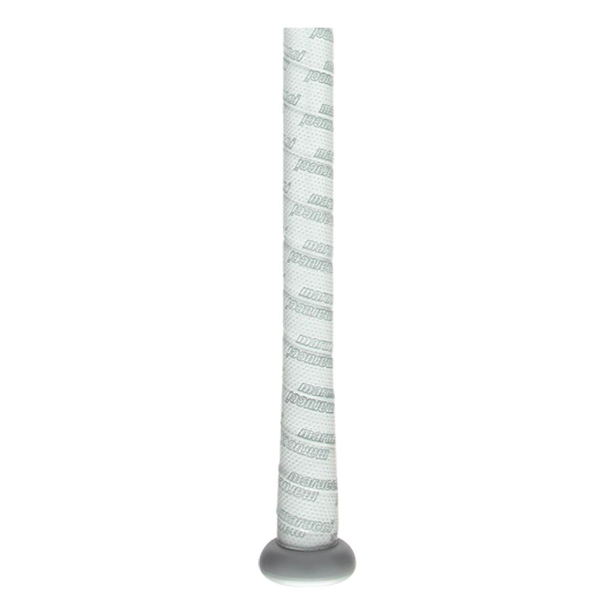 Close-up of a white baseball bat grip with repeating gray Marucci text and a gray knob.