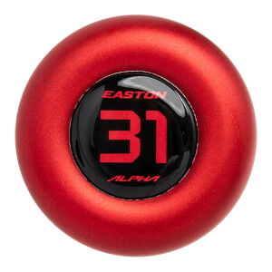 Top-down close-up of a red baseball bat end cap with a black circular insert featuring EASTON, 31, and ALPHA in red.