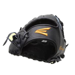Side view of a black baseball glove with orange Easton logo and yellow wrist strap.