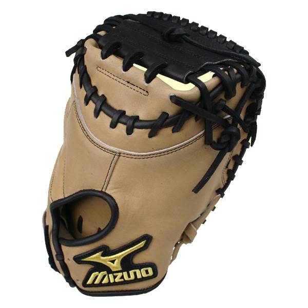 Side view of a tan catchers mitt with black lacing and a gold Mizuno logo.