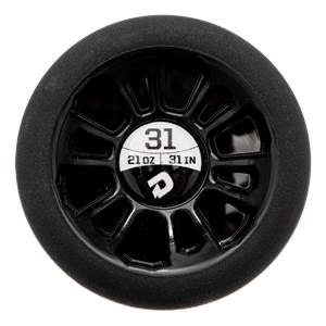 End view of a black baseball bat with a black end cap, showing 31, 21 OZ, 31 IN, and a DeMarini logo.